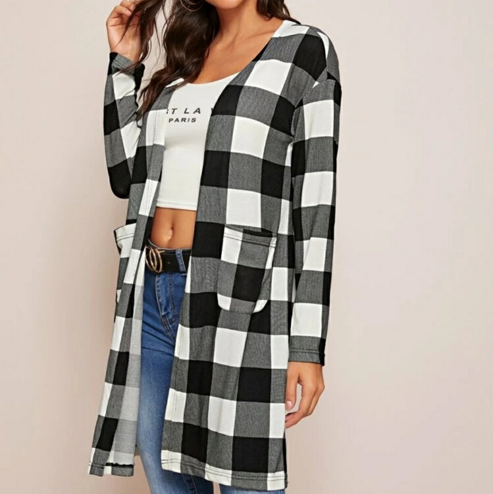 Shein Long Sleve Black and White Plaid Cardigan